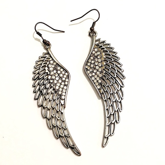 Antique Silver Pave Angel Wing Statement Dangle Earrings - Picture 1 of 5
